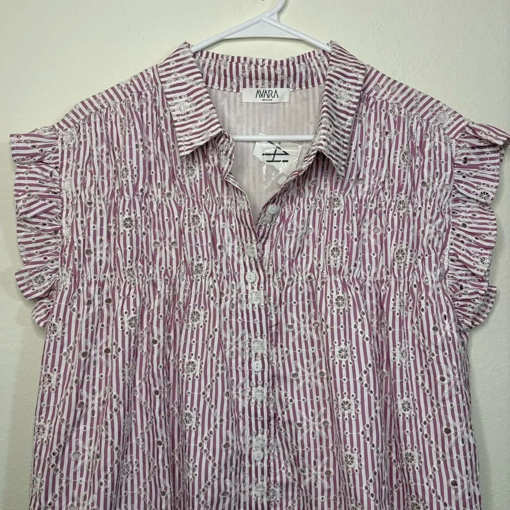 Avara Eyelet Ruffle Sleeve Purple Stripe Dress NWT - Picture 6 of 10